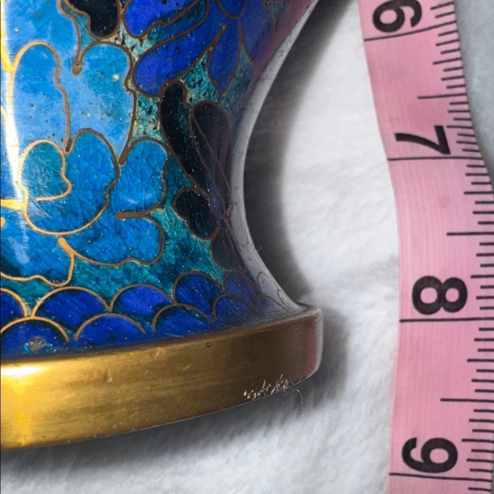 Vintage Chinese Cloisonne Vase Blue Floral Enamel Brass Accents 8 Inch Decor